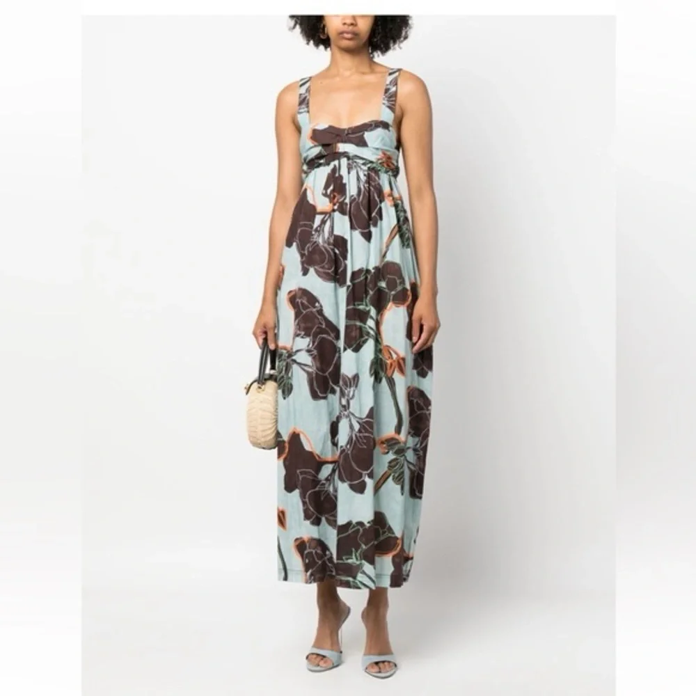 TELA Light Blue Brown Floral Maxi Dress Flowy Aqua Floral Dress XS